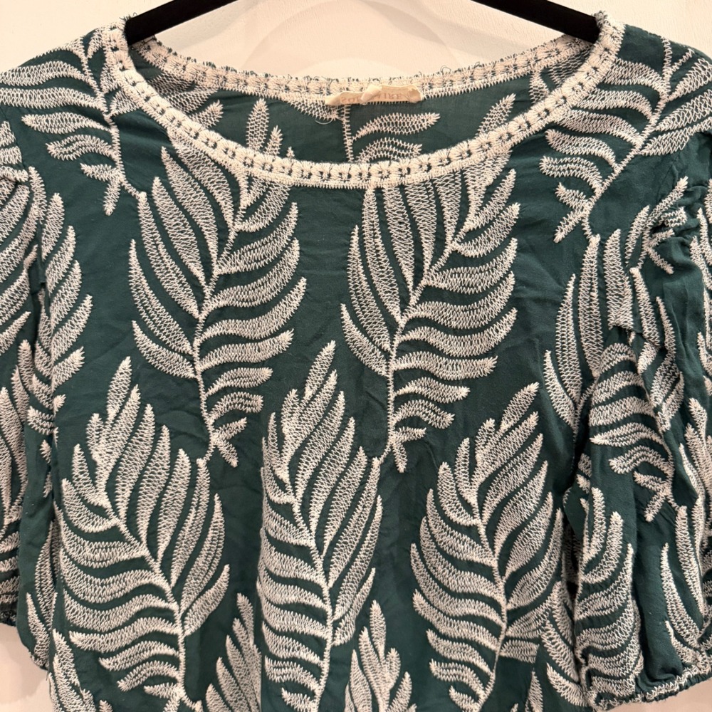 Solitaire Embroidered‎ Leaf Puff Sleeve Top Large Boho Cottagecore Green - Picture 3 of 6